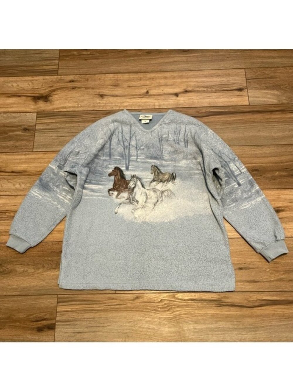 Artisans Horse Sweater SZ Medium Equestrian Winter Scene Blue Vintage